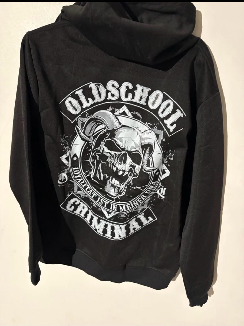 Black Hoodie with White "Oldschool Criminal" Skull Graphic